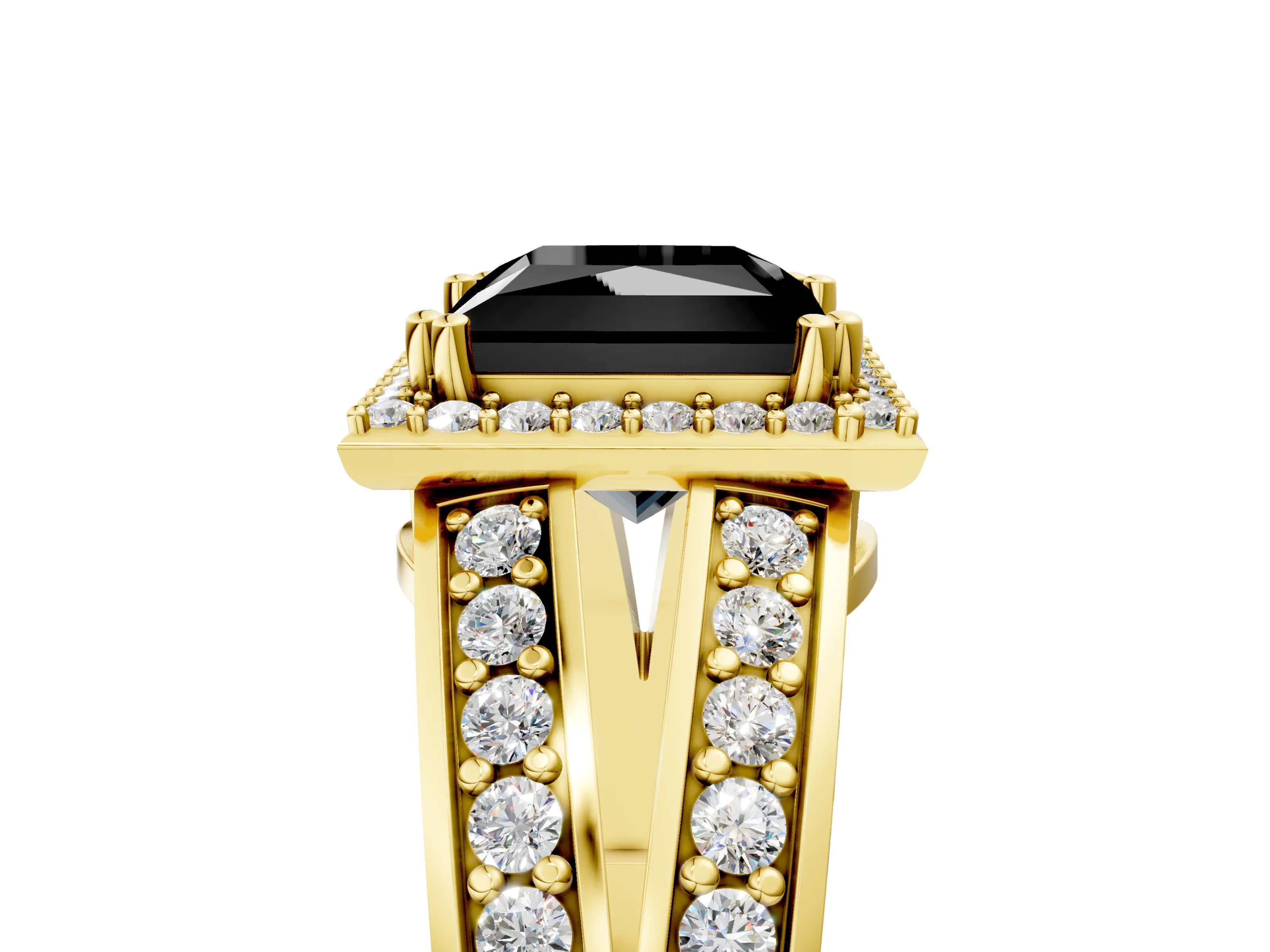 Yellow gold Fancy Black Princess Cut Diamond Halo Ring with Split Shank Pavé Band and Four-Prong Setting_5