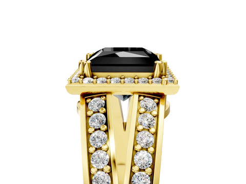 Yellow gold Fancy Black Princess Cut Diamond Halo Ring with Split Shank Pavé Band and Four-Prong Setting_5