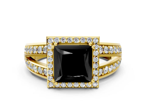 Yellow gold Fancy Black Princess Cut Diamond Halo Ring with Split Shank Pavé Band and Four-Prong Setting