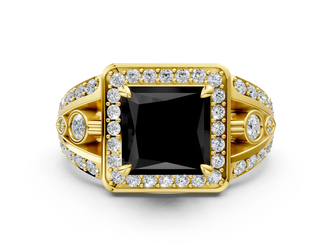Yellow gold Fancy Black Princess Cut Diamond Halo Ring with Split Shank and Bezel Accents and Four-Prong Setting