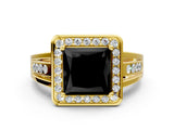 Yellow gold Fancy Black Princess Cut Diamond Halo Ring with Split Shank and Bezel Accents and Prong Setting