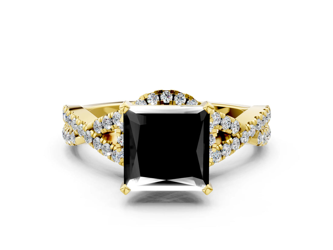Yellow gold Fancy Black Princess Cut Diamond Halo Twist Band Solitaire Prong Setting Ring