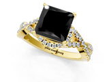 Yellow gold Fancy Black Princess Cut Diamond Halo Twist Band Solitaire Prong Setting Ring_1