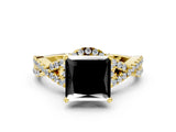 Yellow gold Fancy Black Princess Cut Diamond  Halo Twist Band Solitaire Prong Setting Ring_24