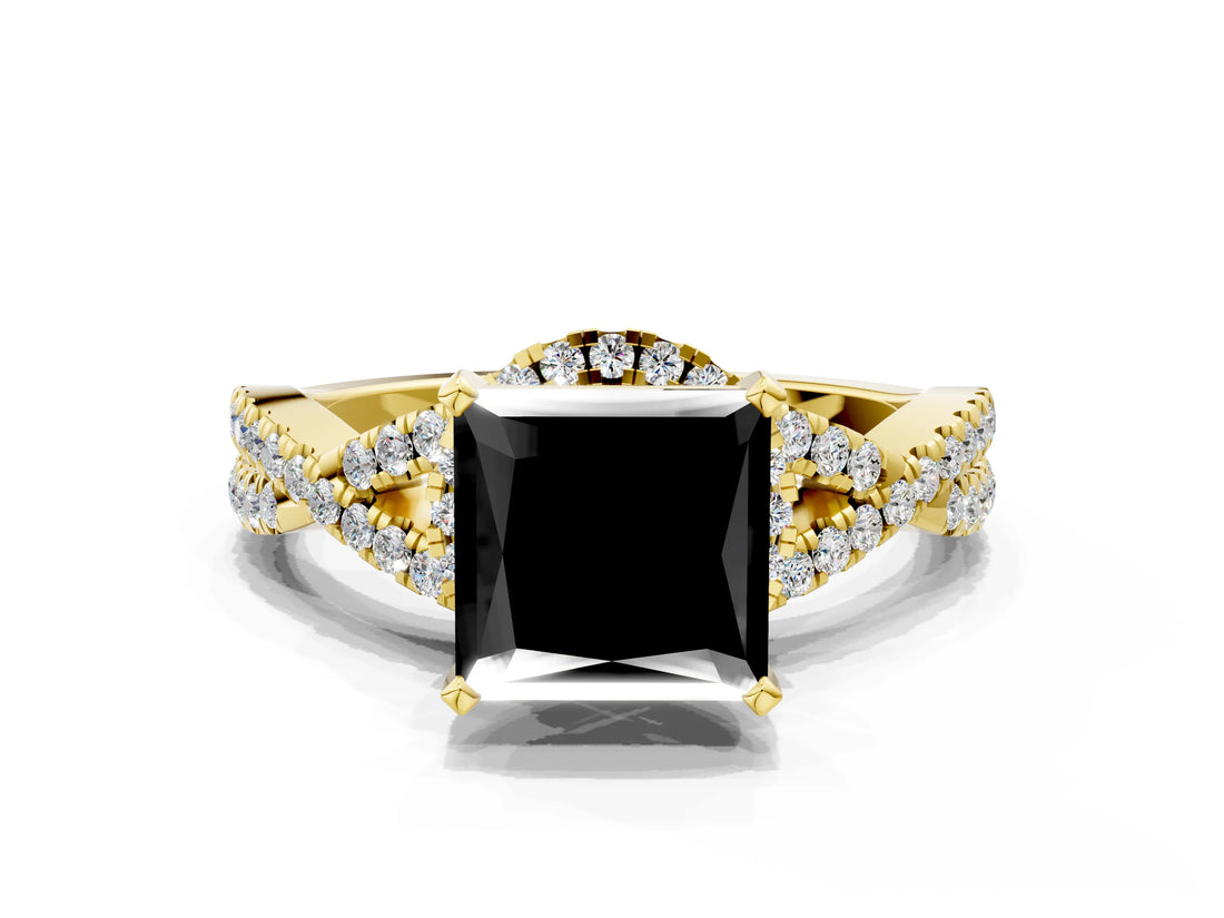 Yellow gold Fancy Black Princess Cut Diamond  Halo Twist Band Solitaire Prong Setting Ring_42