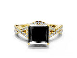 Yellow gold Fancy Black Princess Cut Diamond  Halo Twist Band Solitaire Prong Setting Ring_42