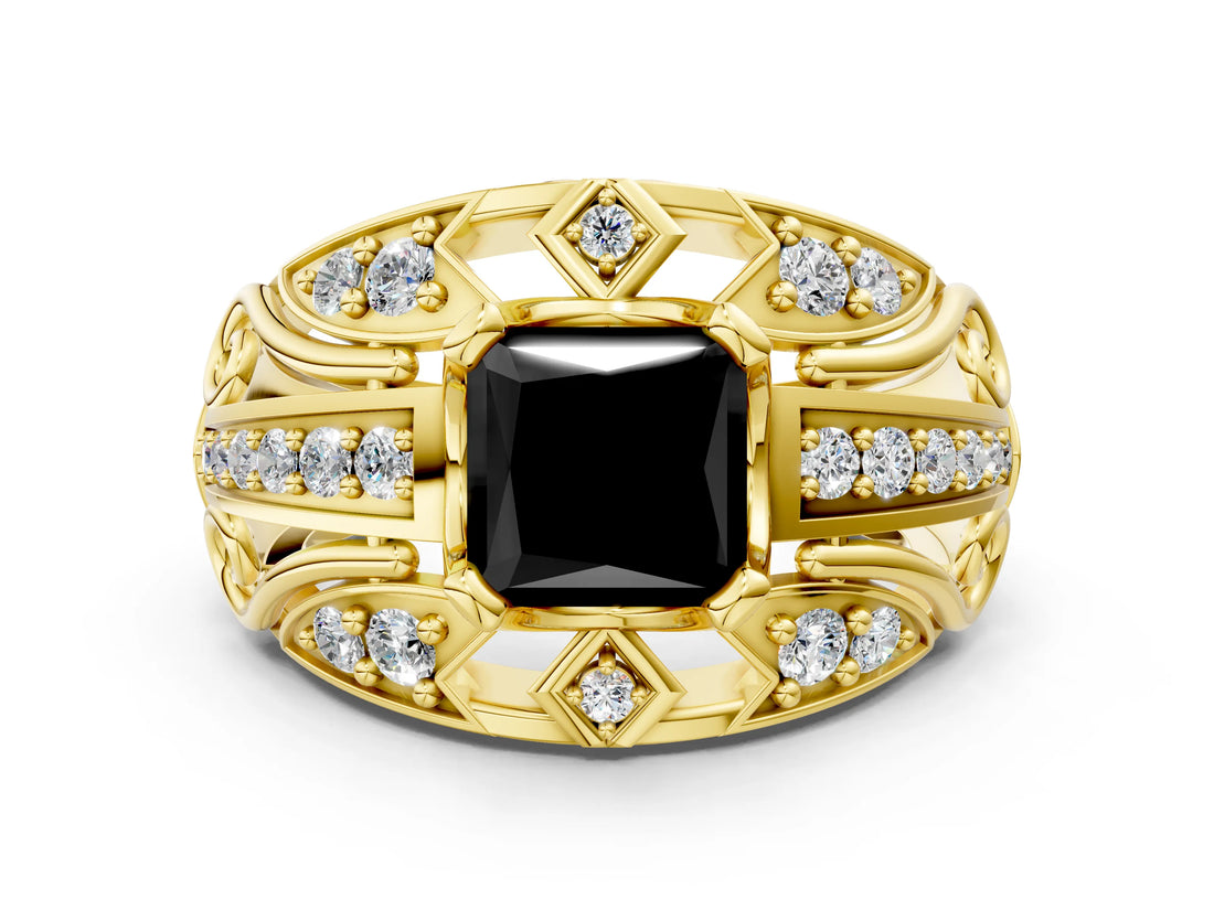 Yellow gold Fancy Black Princess Cut Diamond Pave Art Deco Split Shank Ring with Four-Prong Setting