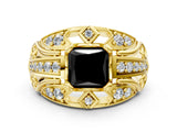 Yellow gold Fancy Black Princess Cut Diamond Pave Art Deco Split Shank Ring with Four-Prong Setting