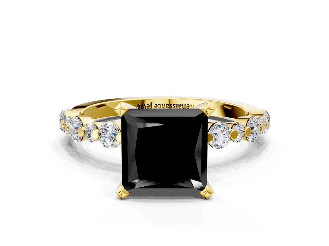 Yellow gold Fancy Black Princess Cut Diamond Prong Set Engagement Ring with Pave Band