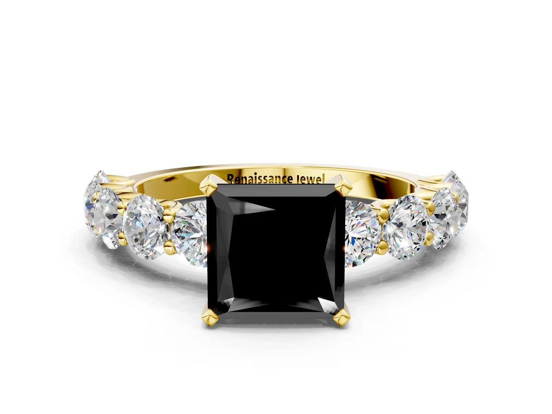 Yellow gold Fancy Black Princess Cut Diamond Prong Setting with Side Stones on a Pave Band