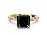Yellow gold Fancy Black Princess Cut Diamond Ring with Pavé Band and Four-Prong Setting