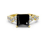Yellow gold Fancy Black Princess Cut Diamond Scattered Round Accent Ring with Prong Setting_12