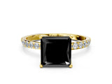 Yellow gold Fancy Black Princess Cut Diamond Solitaire Engagement Ring with Pavé Band and Prong Setting