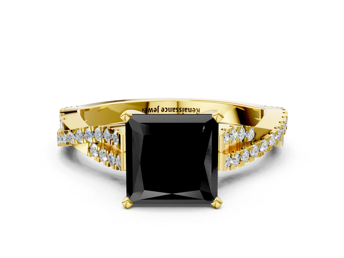 Yellow gold Fancy Black Princess Cut Diamond Solitaire Engagement Ring with Twisted Pavé Band and Four-Prong Setting_24