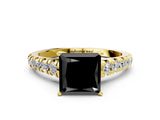 Yellow gold Fancy Black Princess Cut Diamond Solitaire Ring with Cathedral Setting and Pavé Band