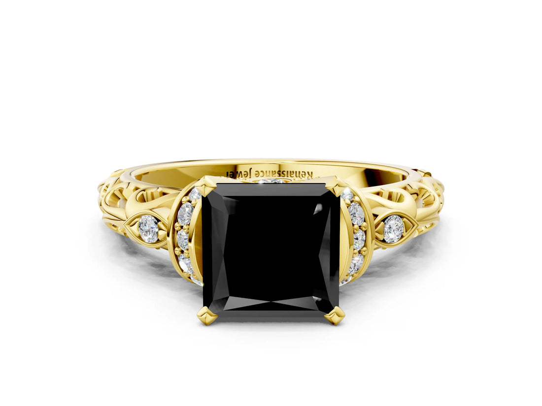 Yellow gold Fancy Black Princess Cut Diamond Solitaire Ring with Filigree Band and Four-Prong Setting