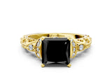 Yellow gold Fancy Black Princess Cut Diamond Solitaire Ring with Filigree Band and Four-Prong Setting