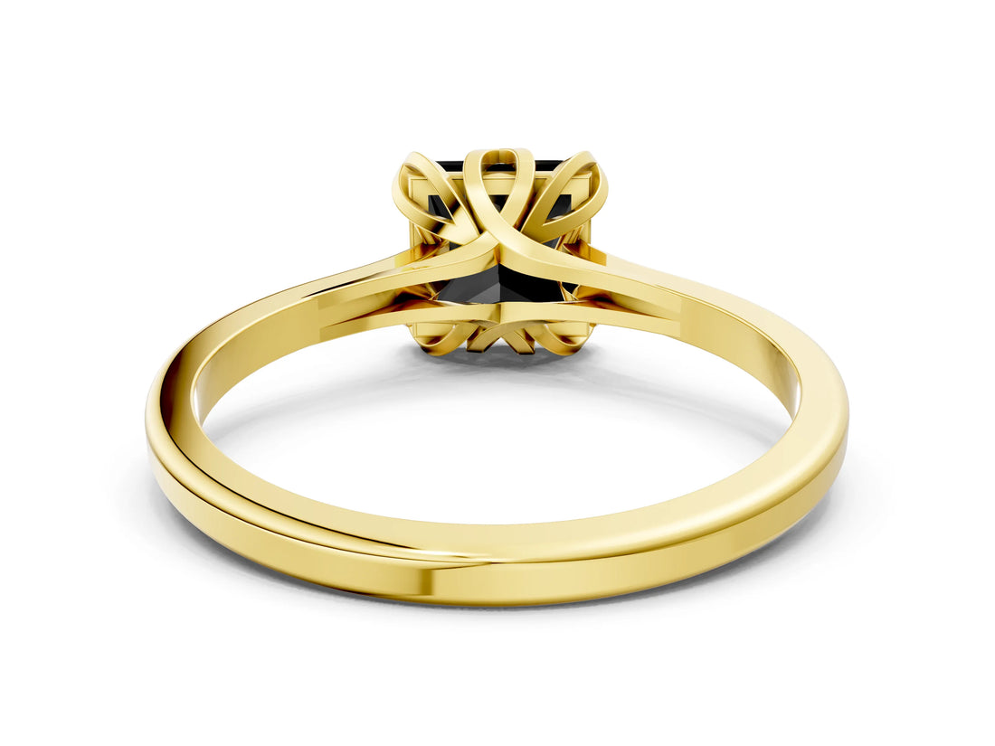 Yellow gold Fancy Black Princess Cut Diamond Solitaire Ring with Flower Prong Setting and Classic Band_60