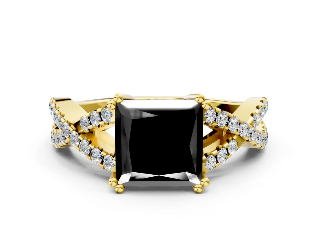 Yellow gold Fancy Black Princess Cut Diamond Solitaire Ring with Four-Prong Setting and Twisted Pavé Band