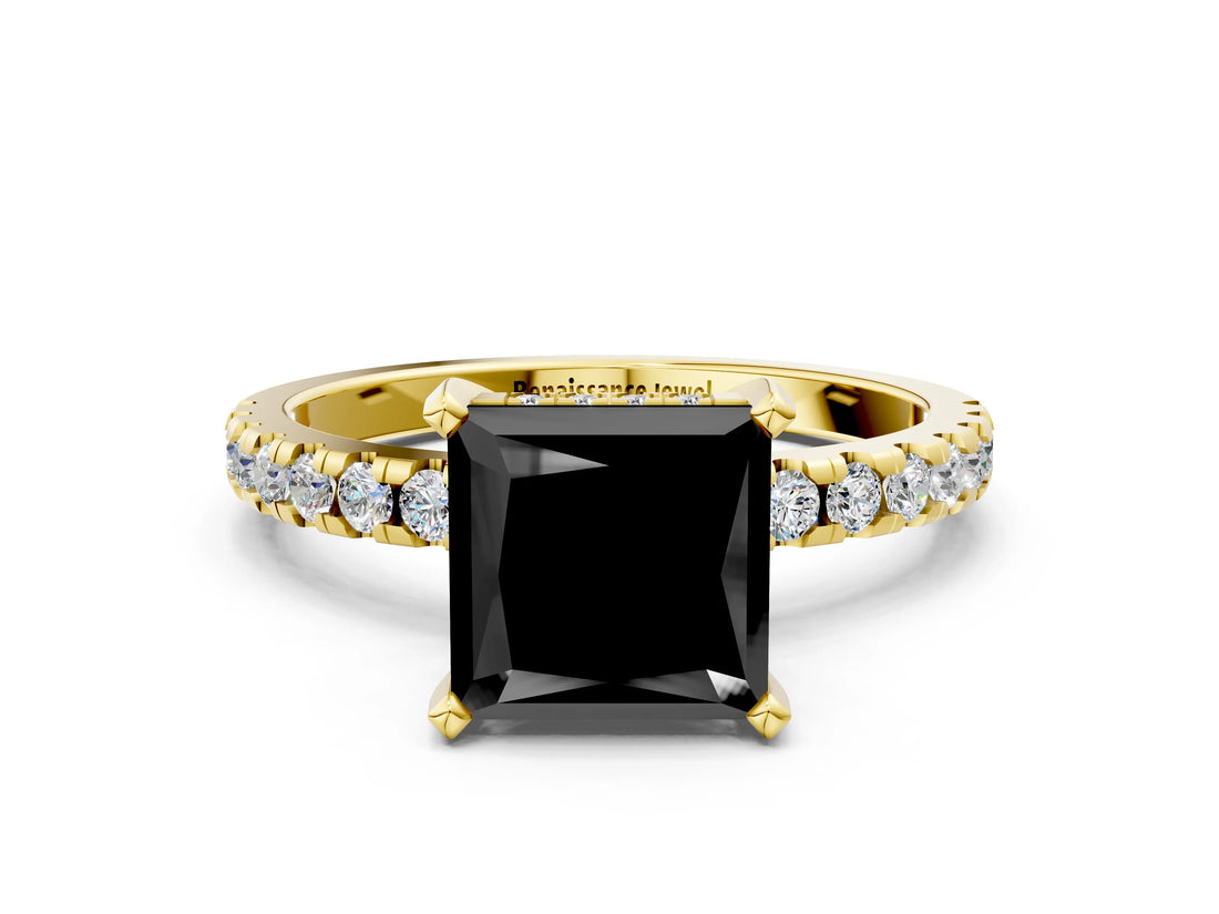 Yellow gold Fancy Black Princess Cut Diamond Solitaire Ring with Pavé Band and Four-Prong Setting_12