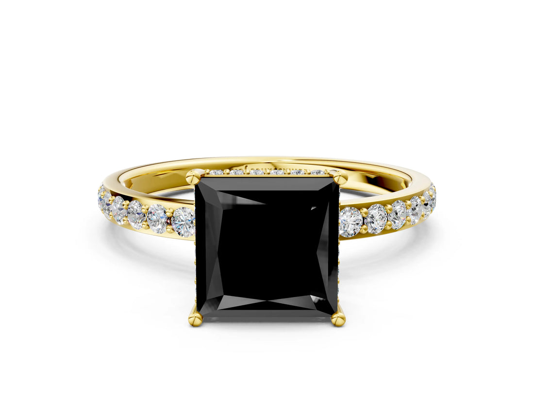 Yellow gold Fancy Black Princess Cut Diamond Solitaire Ring with Pavé Band and Hidden Halo_12