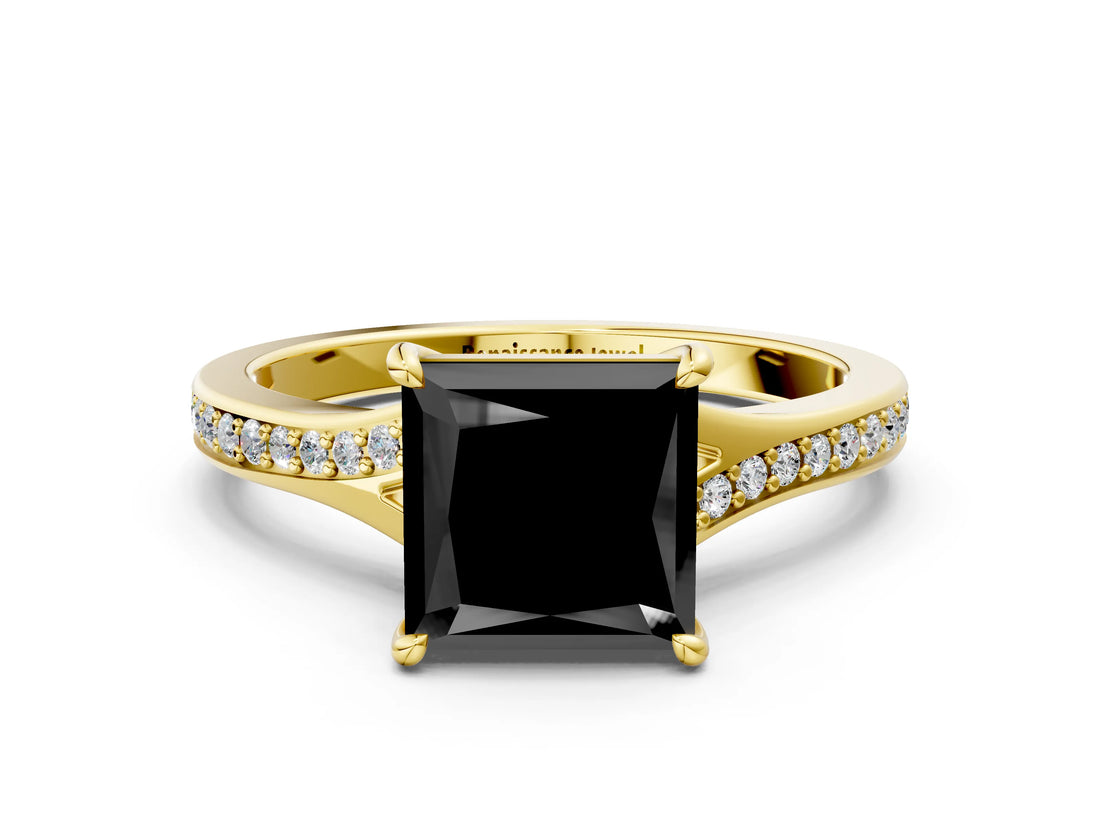 Yellow gold Fancy Black Princess Cut Diamond Solitaire Ring with Pavé Band and Prong Setting_12