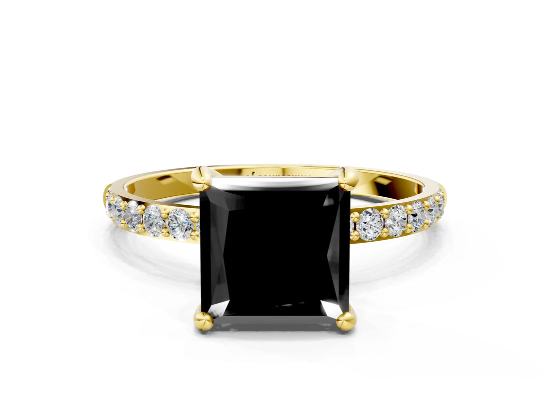 Yellow gold Fancy Black Princess Cut Diamond Solitaire Ring with Pave Band and Four Prong Setting_12