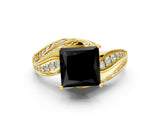 Yellow gold Fancy Black Princess Cut Diamond Solitaire Ring with Prong Setting and Twisted Pavé Band