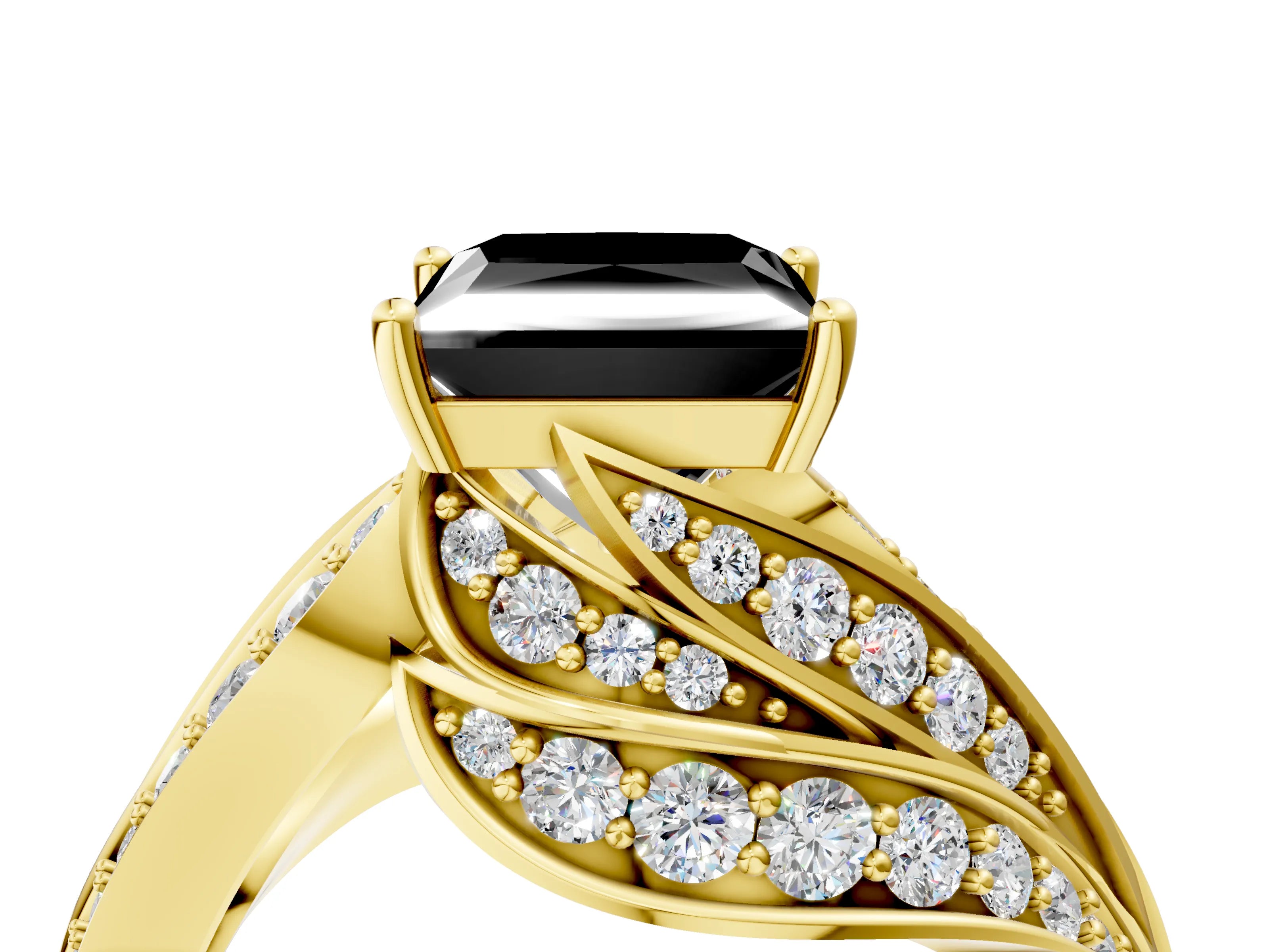 Yellow gold Fancy Black Princess Cut Diamond Solitaire Ring with Prong Setting and Twisted Pavé Band_4