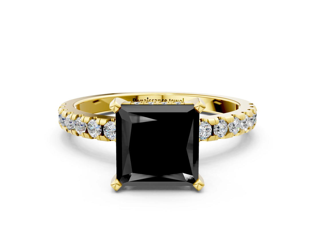 Yellow gold Fancy Black Princess Cut Diamond Solitaire Ring with Round  Pavé Band and Four-Prong Setting_36