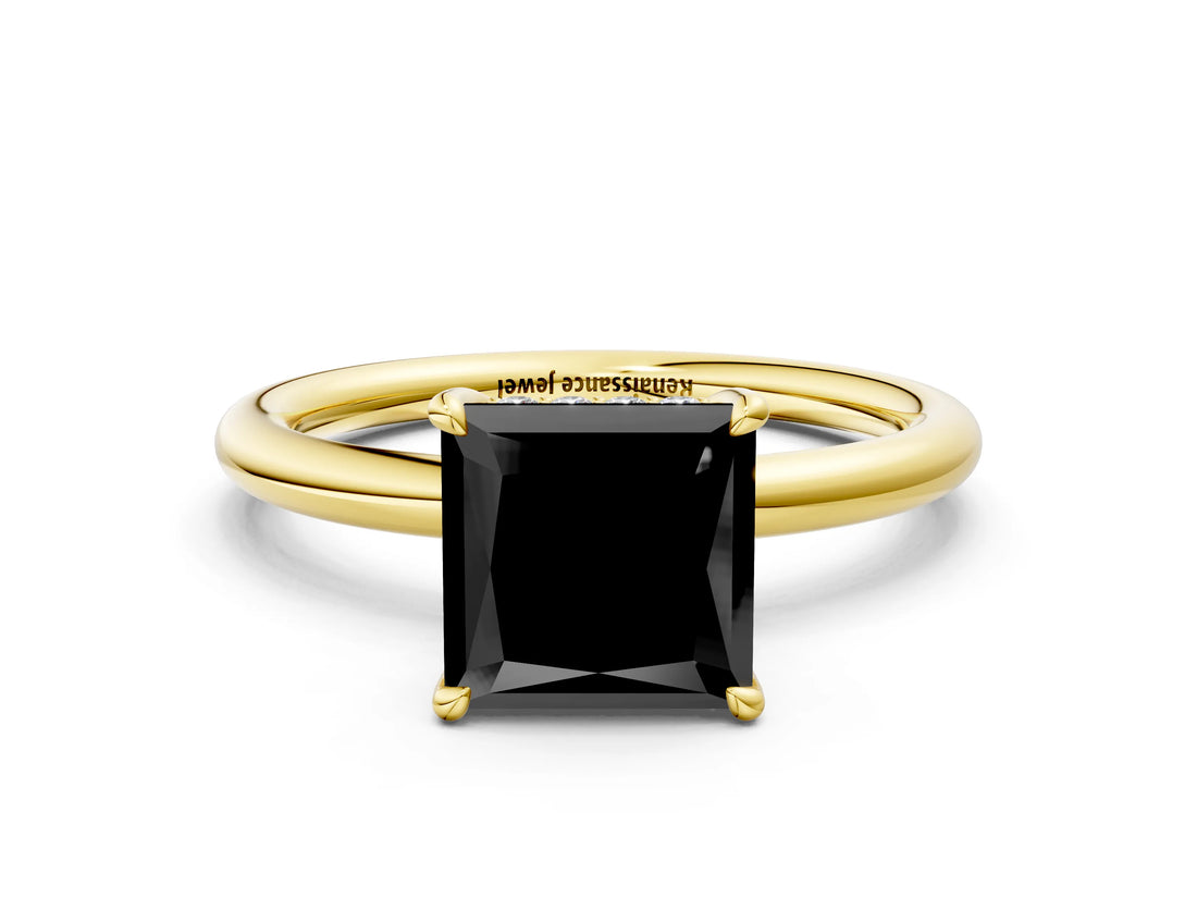 Yellow gold Fancy Black Princess Cut Diamond Solitaire Ring with Thin Band and Four-Prong Setting