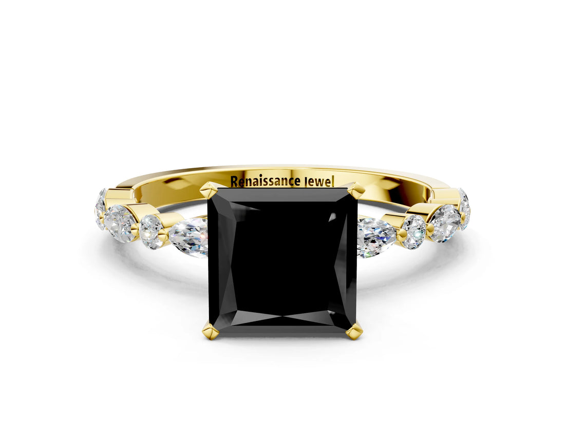 Yellow gold Fancy Black Princess Cut Diamond Solitaire with Side Stones on a Pavé Band and Four-Prong Setting