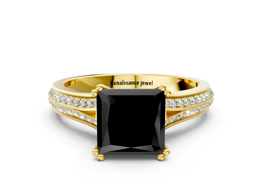 Yellow gold Fancy Black Princess Cut Diamond Split Shank Engagement Ring with Pavé Band