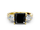 Yellow gold Fancy Black Princess Cut Diamond Three-Stone Engagement Ring with Prong Setting and Pavé Band