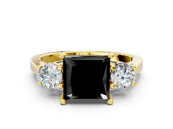 Yellow gold Fancy Black Princess Cut Diamond Three-Stone Engagement Ring with Prong Setting and Pavé Band