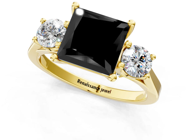 Yellow gold Fancy Black Princess Cut Diamond Three-Stone Engagement Ring with Prong Setting and Pavé Band