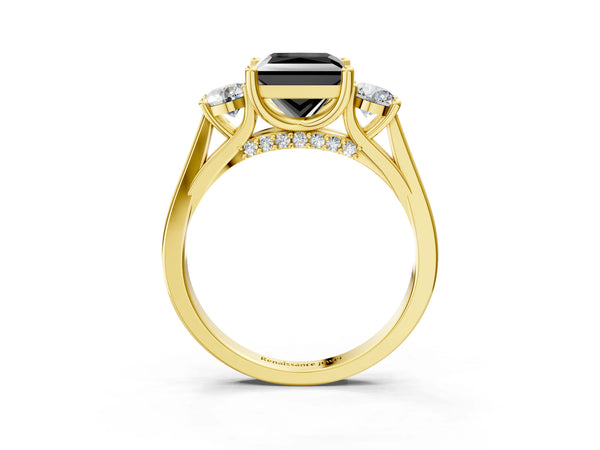 Yellow gold Fancy Black Princess Cut Diamond Three-Stone Engagement Ring with Prong Setting and Pavé Band