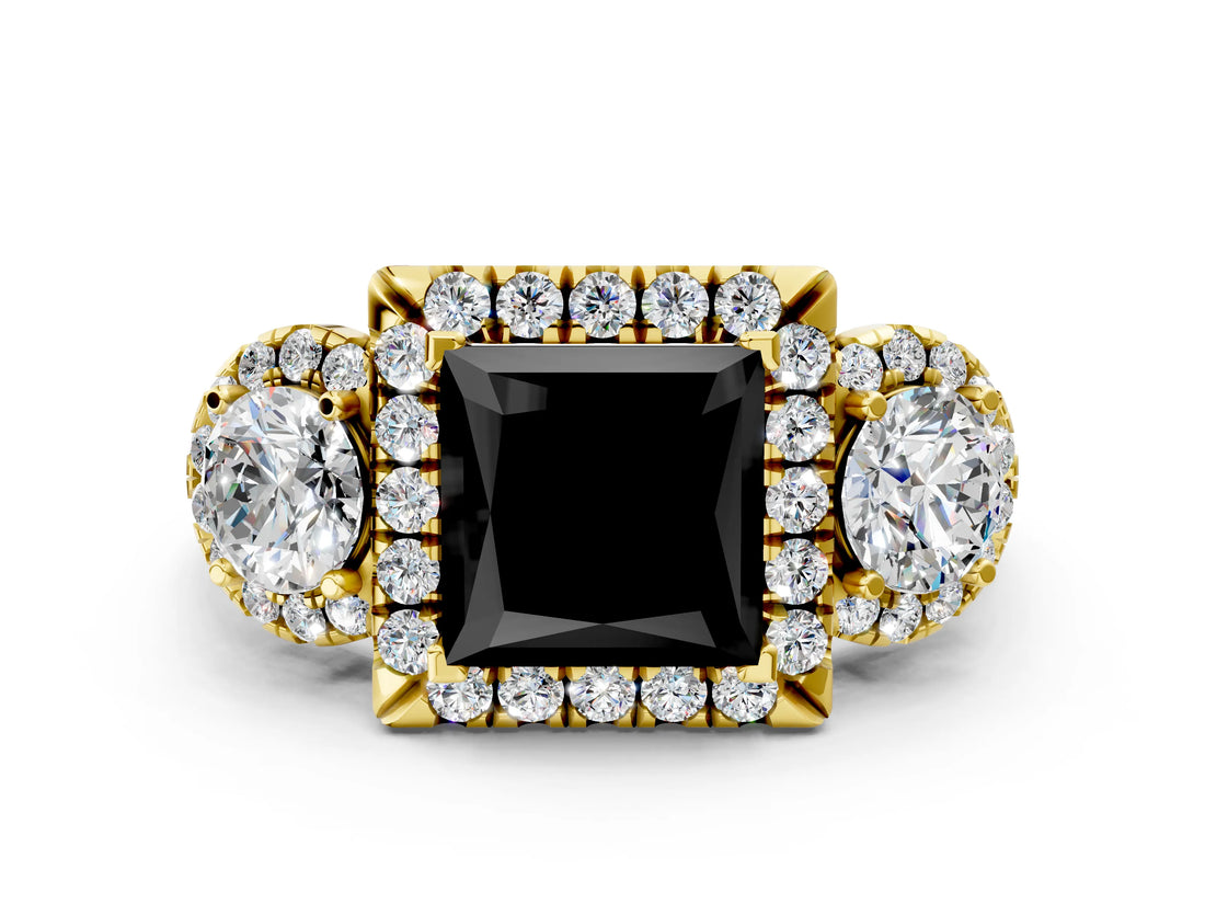 Yellow gold Fancy Black Princess Cut Diamond Three-Stone Halo Ring with Prong Setting and Pavé Accents