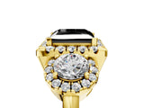 Yellow gold Fancy Black Princess Cut Diamond Three-Stone Halo Ring with Prong Setting and Pavé Accents_5