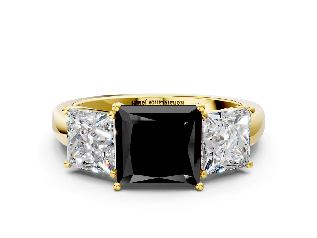 Yellow gold Fancy Black Princess Cut Diamond Three-Stone Ring with Four-Prong Setting and Classic Band