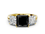Yellow gold Fancy Black Princess Cut Diamond Three-Stone Ring with Four-Prong Setting and Classic Band