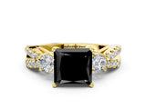 Yellow gold Fancy Black Princess Cut Diamond Three-Stone Ring with Pavé Split Shank and Four-Prong Setting