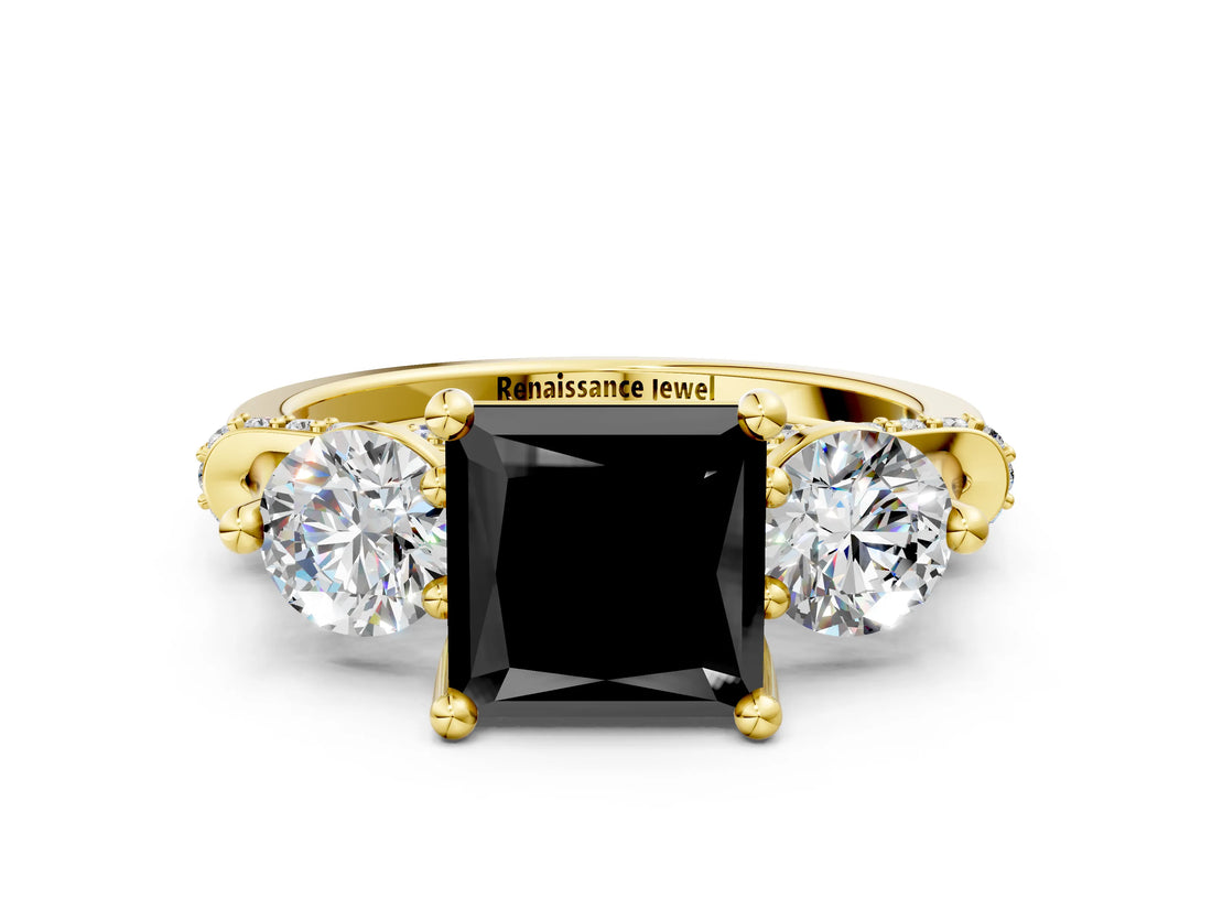 Yellow gold Fancy Black Princess Cut Diamond Three-Stone Ring with Prong Setting and Pavé Band