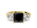 Yellow gold Fancy Black Princess Cut Diamond Three-Stone Ring with Prong Setting and Pavé Band