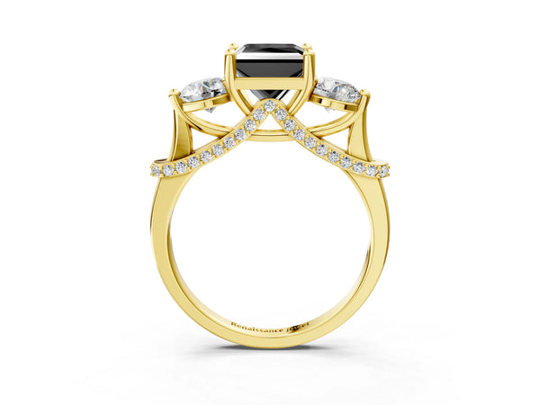 Yellow Gold Princess Cut Curved Pave Three Stone Engagement Ring Setting for Black Center