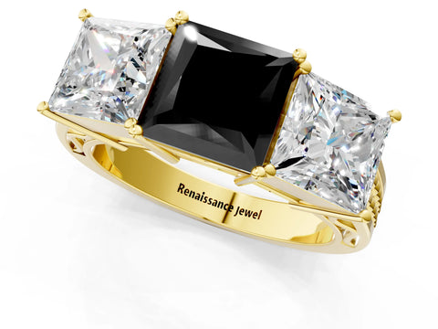 Yellow gold Fancy Black Princess Cut Diamond Three-Stone Ring with Prong Setting and Textured Band_1