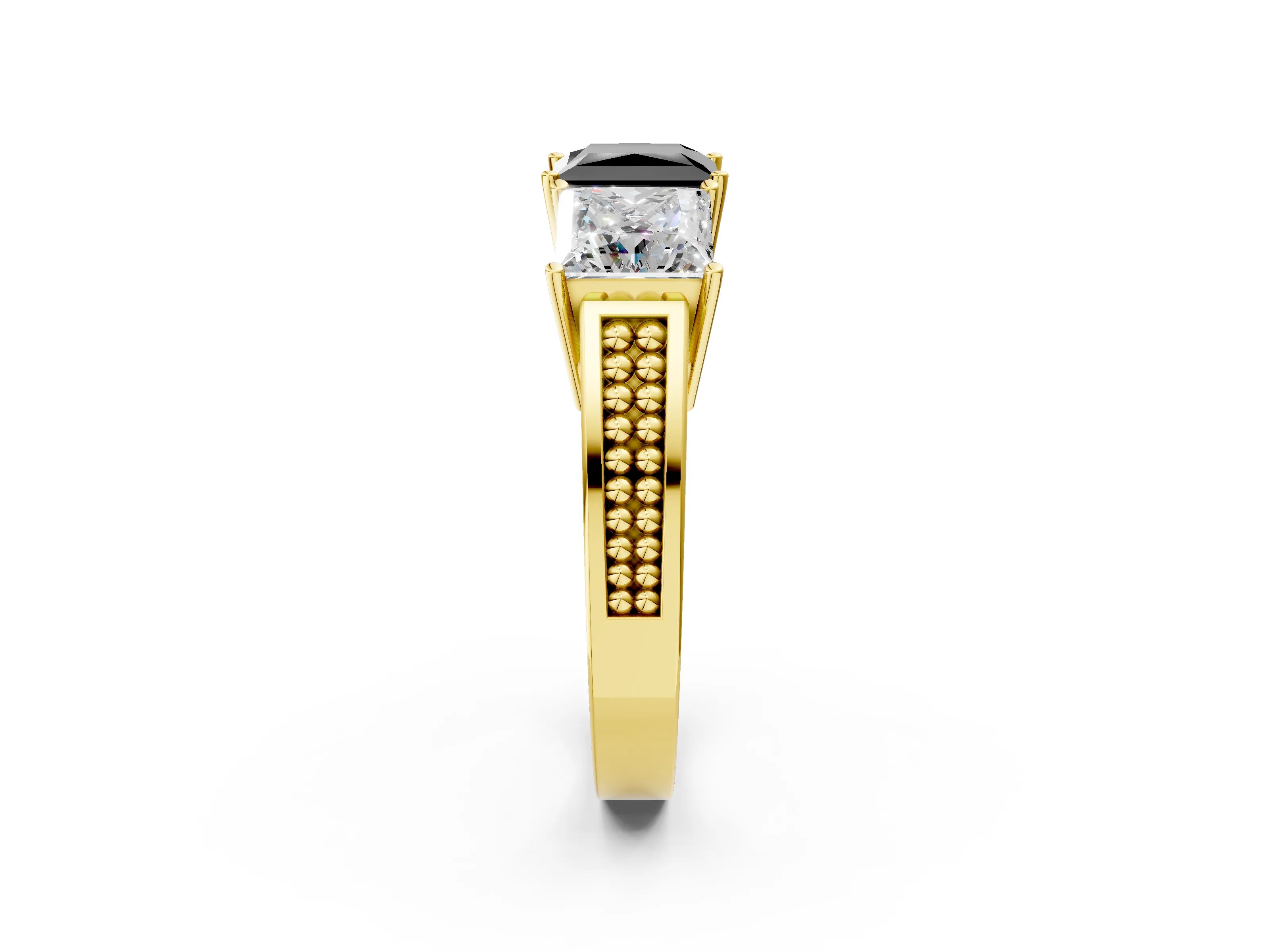 Yellow gold Fancy Black Princess Cut Diamond Three-Stone Ring with Prong Setting and Textured Band_2