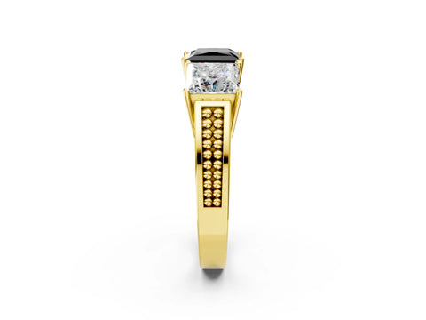 Yellow gold Fancy Black Princess Cut Diamond Three-Stone Ring with Prong Setting and Textured Band_2