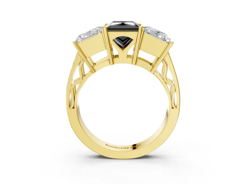Yellow gold Fancy Black Princess Cut Diamond Three-Stone Ring with Prong Setting and Textured Band_3