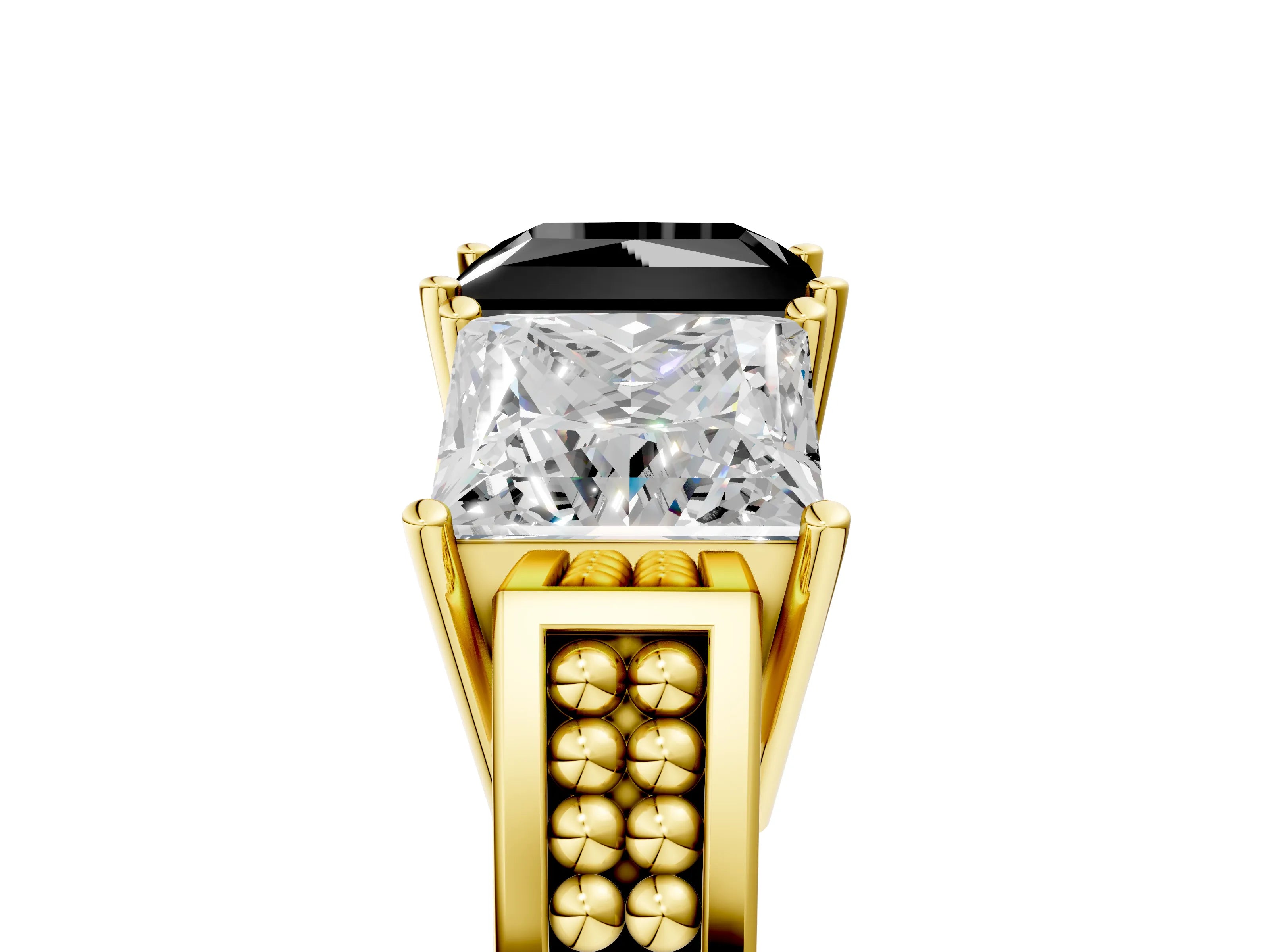 Yellow gold Fancy Black Princess Cut Diamond Three-Stone Ring with Prong Setting and Textured Band_5